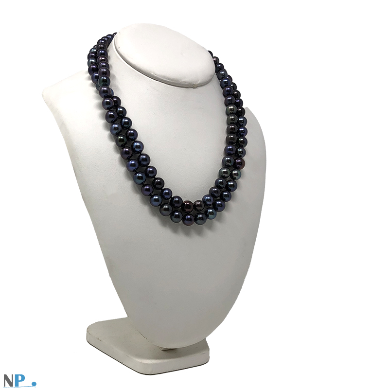 Collier de perles noires, perles de culture d'eau douce, installer en version double rang avec fermoir de securite en Or